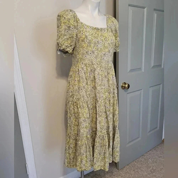 J.Crew Ditsy Floral Yellow Puff-sleeve  Cottage Core Tiered Midi Dress(XS) - Picture 3 of 13